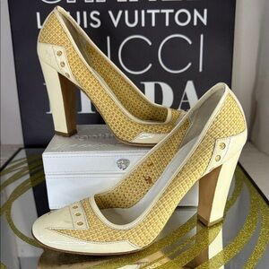 Prada Cream and Tan Woven Heels